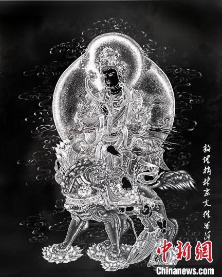 圖為朱增平創(chuàng)作的鍥金畫(huà)《敦煌榆林窟文殊菩薩》。(資料圖) 受訪者供圖