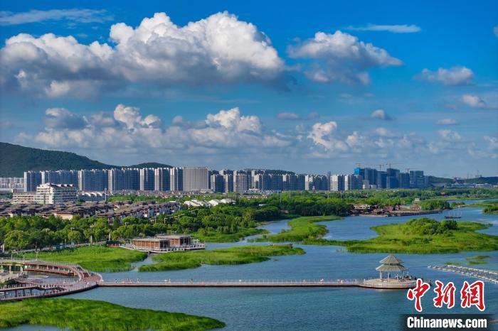 資料圖：航拍蘇州太湖湖濱國家濕地公園，藍天碧水生態(tài)美。 泱波 攝