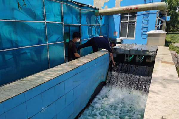 邯鄲市雞澤縣藍(lán)天污水處理廠員工正在出水口進(jìn)行水質(zhì)檢測。鄭佳欣攝