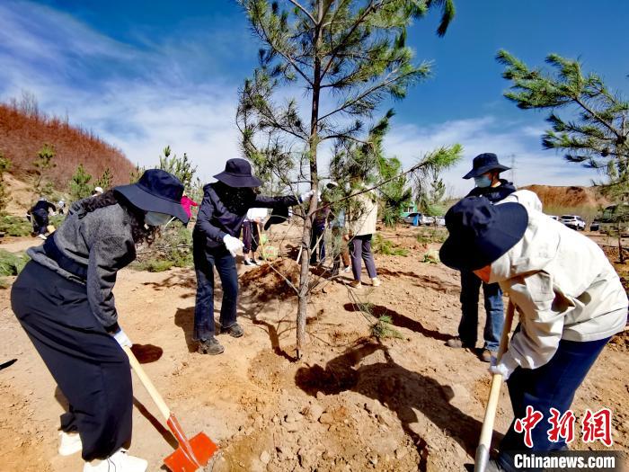 圖為西寧市城東區(qū)干部職工參加義務(wù)植樹?！?zhí)砀?攝