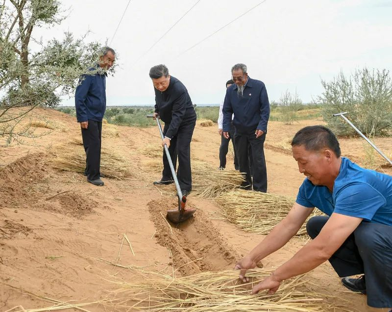 2019年8月21日，習(xí)近平來(lái)到甘肅省武威市古浪縣八步沙林場(chǎng)，實(shí)地察看當(dāng)?shù)刂紊吃炝帧⑸鷳B(tài)保護(hù)等情況。新華社記者 謝環(huán)馳 攝