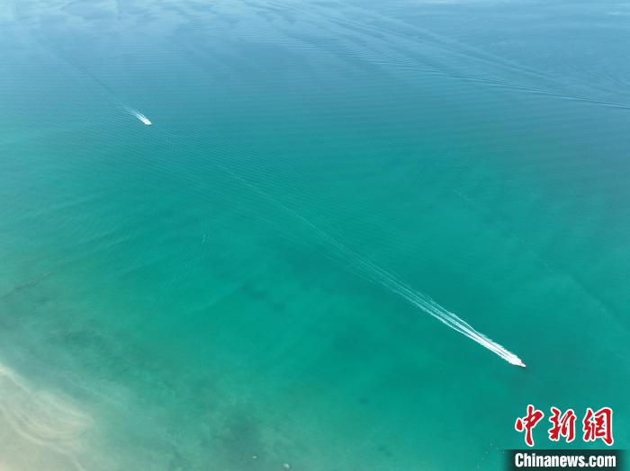 圖為航拍仲夏時節(jié)，青海湖湖水碧波蕩漾?！∑钤鲚?攝