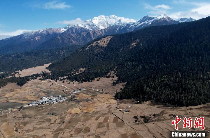 2月17日，西藏林芝魯朗小鎮(zhèn)周邊雪山與牧場。(無人機照片) 李林 攝